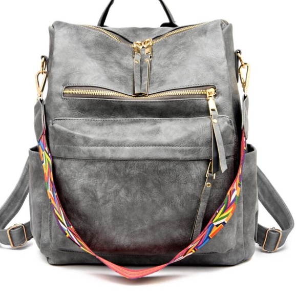 Luxe Vegan Leather Colorful Strap Backpack Shoulder bag - Picture 1 of 11